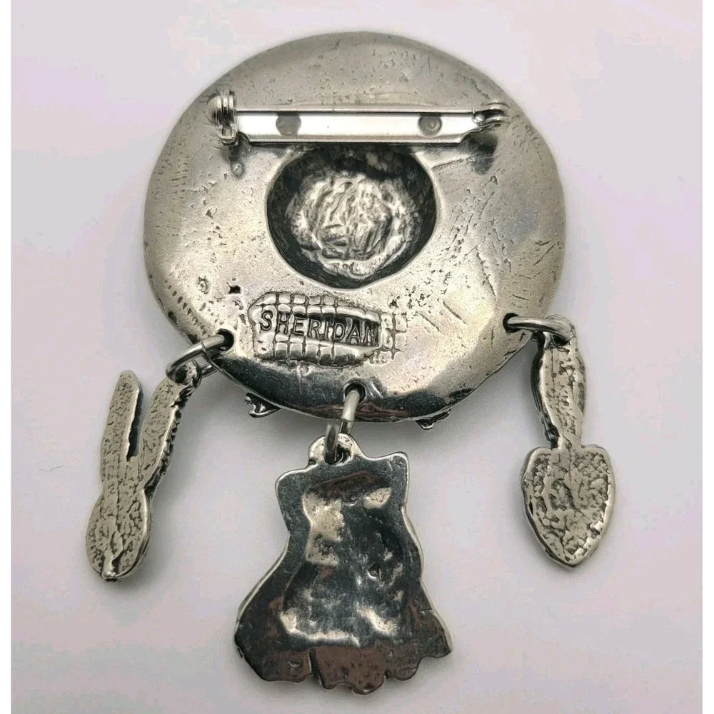 Vintage Sheridan Pewter‎ Hat Brooch Pin Signed Gardening Charms Cottagecore